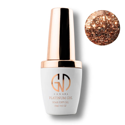 Canada Platinum Gel soak-off gel nail polish in a white bottle with a metallic rose gold cap, shown on a white background with a circular swatch of the glittery rose gold color.