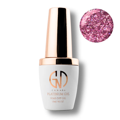 Canada Platinum Gel soak-off gel nail polish in a white bottle with a metallic rose gold cap, shown next to a circular swatch of sparkling pink glitter gel on a white background.