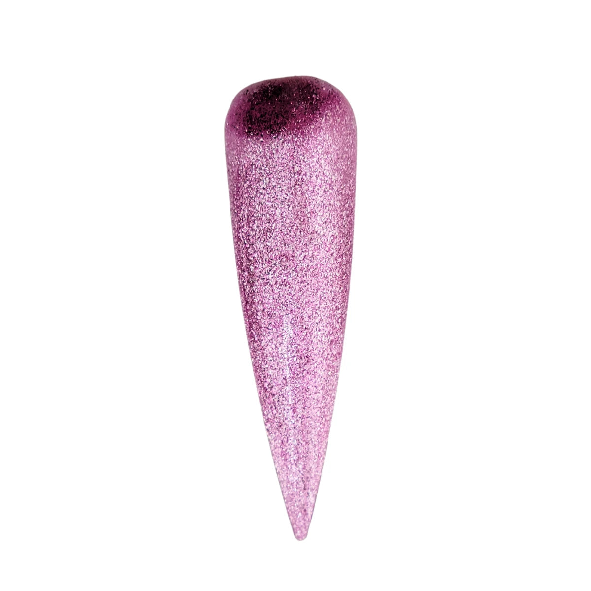 A single long, pointed artificial nail tip filled with sparkling pink glitter, shown against a plain white background, GND Platinum Gel #8 GND Canada gel polish manicure