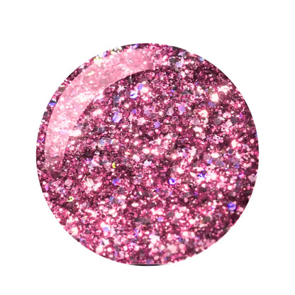 A circular close-up of pink glitter material with dense sparkling pink flakes and reflective iridescent flecks, shown on a plain white background, GND Platinum Gel #8 GND Canada gel polish manicure swatch