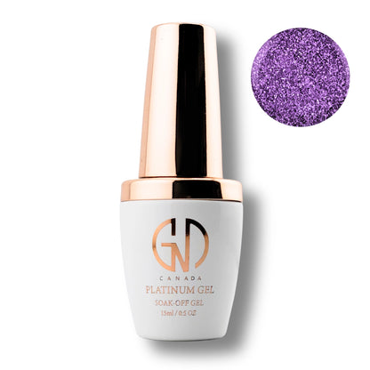 A bottle of Canada Platinum Gel soak-off gel nail polish with a white body and metallic rose gold cap, shown next to a circular purple glitter swatch on a white background.