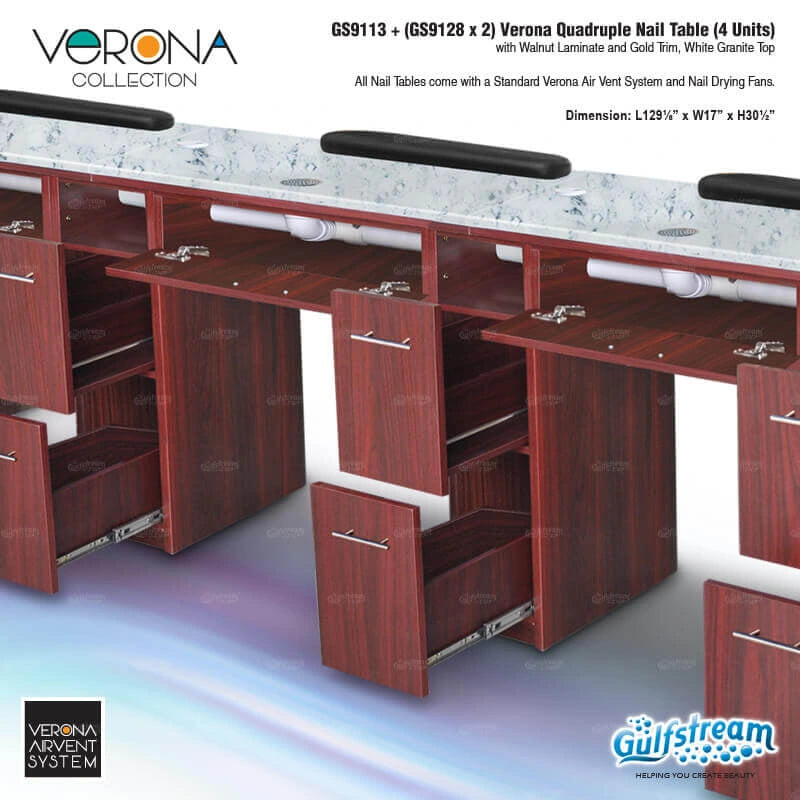 Verona Quadruple Nail Table with Gulfstream branding on a white background