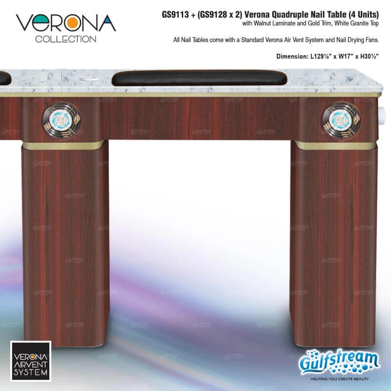 Verona Collection nail table with wooden finish and white marble top on a gradient background
