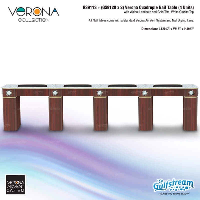 Verona Quadruple Nail Table with Gulfstream branding on a white background