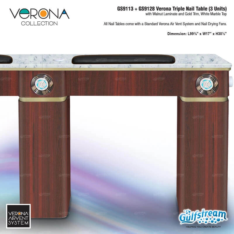 Gulfstream Verona triple nail table with marble top and gold trim on a colorful gradient background.