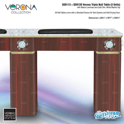 Gulfstream Verona triple nail table with marble top and gold trim on a colorful gradient background.