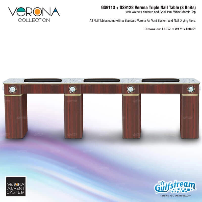 Verona triple nail table with Gulfstream branding on a white background