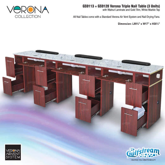 Gulfstream Verona triple nail table with marble top and wooden cabinets on a white background