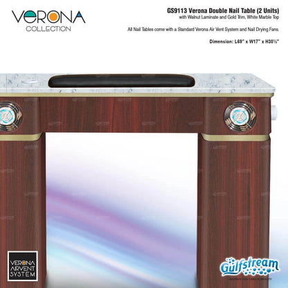 Gulfstream Verona double nail table with marble top and gold trim on a white background