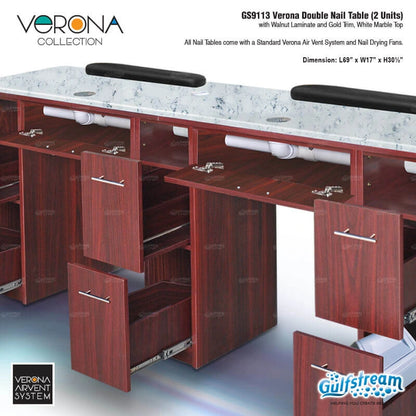 Gulfstream Verona Collection double nail table with marble top and wooden cabinets.