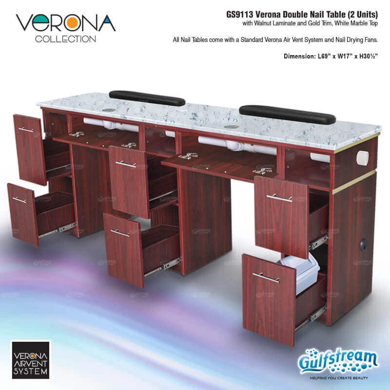 Double nail table from the Verona Collection with Gulfstream branding.