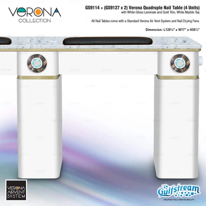 Verona Quadruple Nail Table with white gloss laminate and gold trim on a blurred background