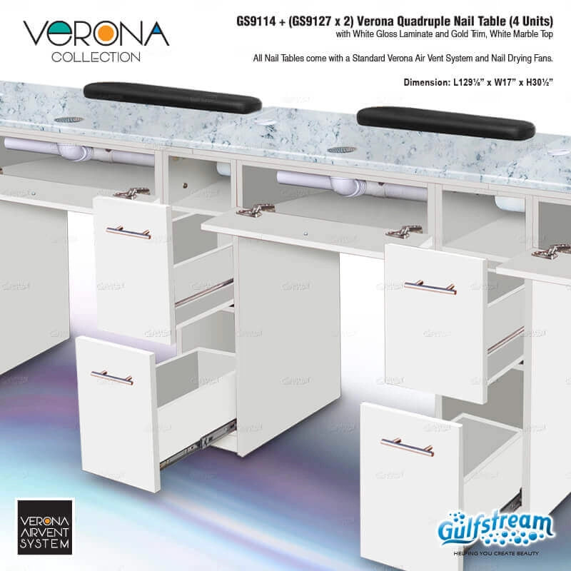 White nail table with marble top and Gulfstream branding, featuring the Verona Collection.