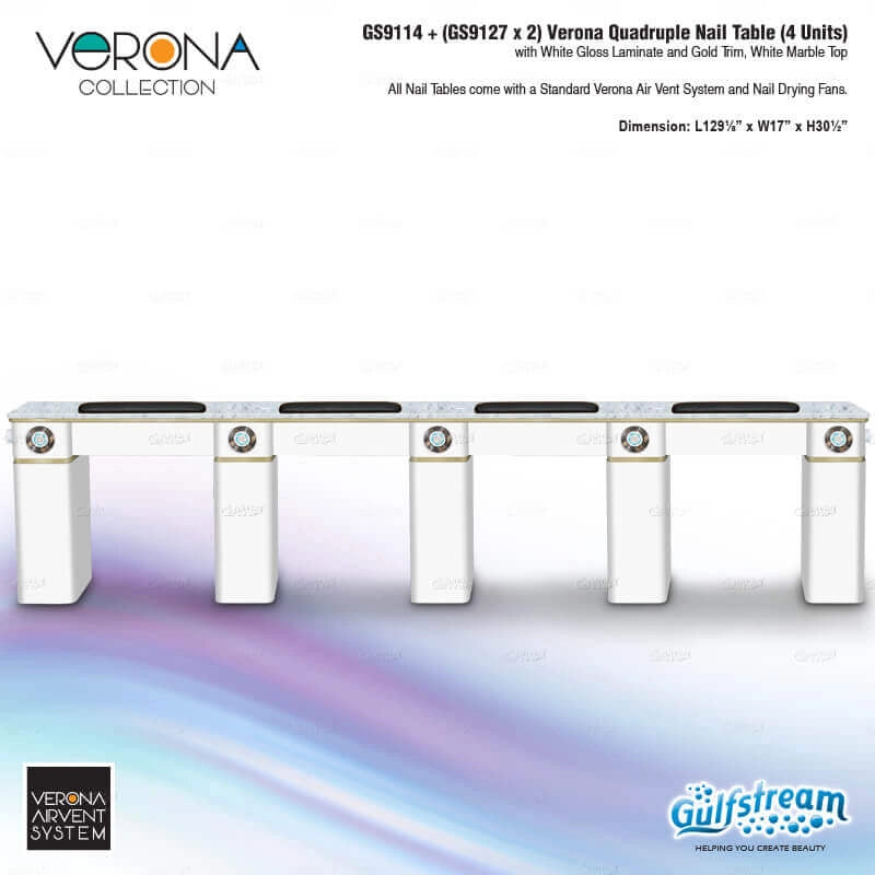 Verona Quadruple Nail Table with white gloss laminate and gold trim on a white background
