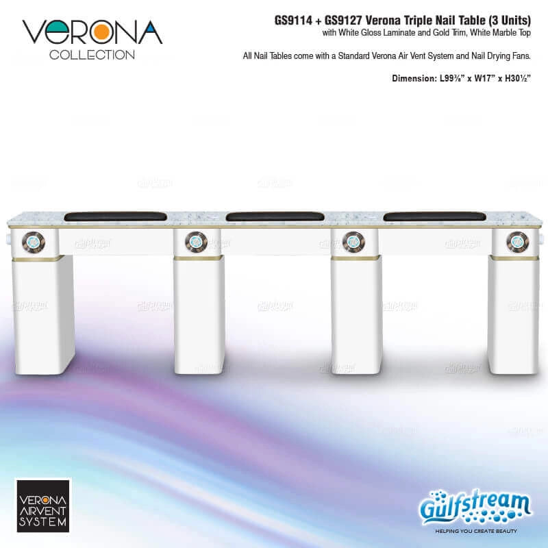 Verona triple nail table with white gloss laminate and gold trim on a white background