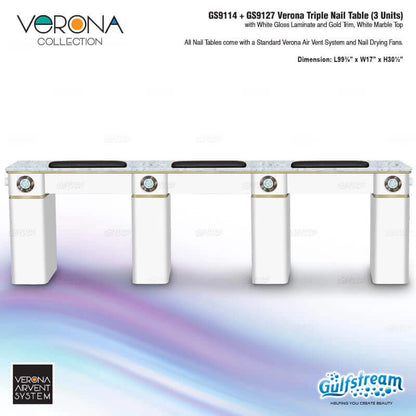 Verona triple nail table with white gloss laminate and gold trim on a white background