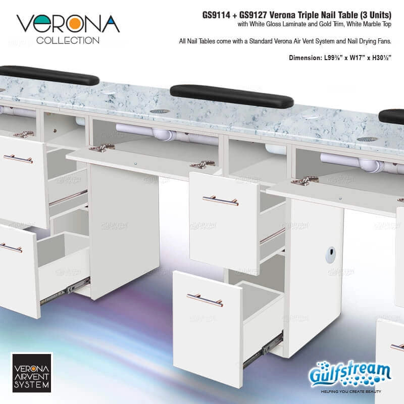 White nail table with marble top and Gulfstream branding, featuring the Verona Collection.