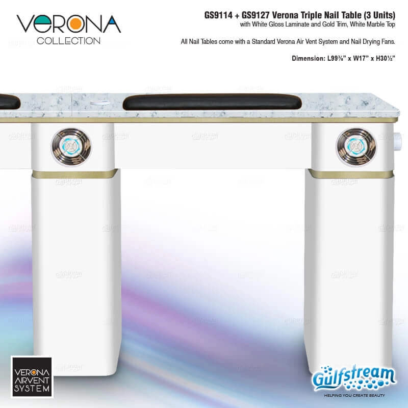 Gulfstream Verona nail table with marble top and gold trim on a gradient background