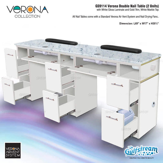 White nail table with marble top and gold trim, featuring the Verona Collection branding.