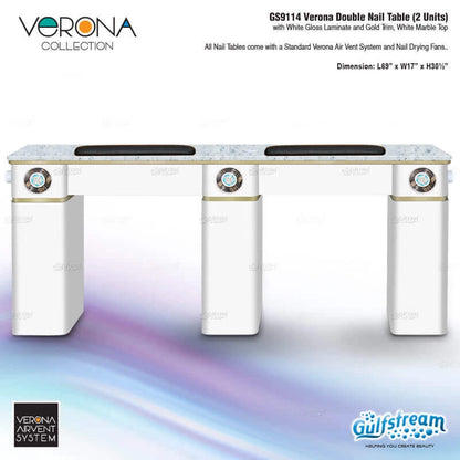 Verona Collection double nail table with white lacquer laminate and gold trim on a gradient background.