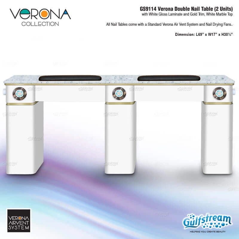 Verona Collection double nail table with white lacquer laminate and gold trim on a gradient background.