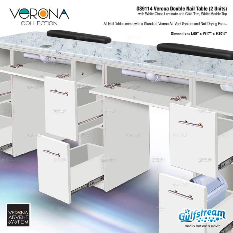 Gulfstream Verona double nail table with white lacquer laminate and gold trim, featuring drawers and a marble top.