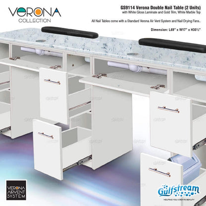 Gulfstream Verona double nail table with white lacquer laminate and gold trim, featuring drawers and a marble top.