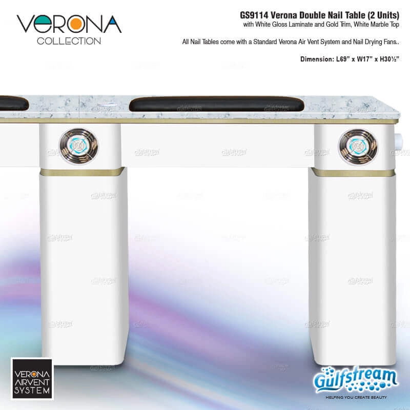 Gulfstream Verona double nail table with white lacquer laminate and gold trim on a gradient background.