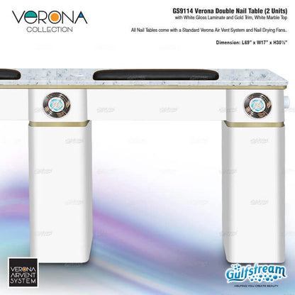 Gulfstream Verona double nail table with white lacquer laminate and gold trim on a gradient background.