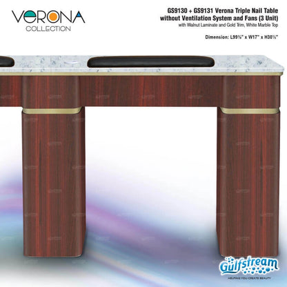 Gulfstream Verona Collection nail table with marble top and wooden legs on a white background