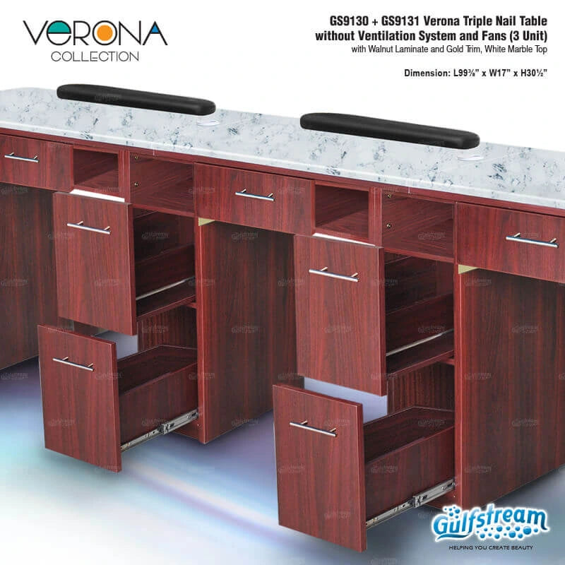 Wooden nail table with marble top, open drawers, and Gulfstream branding.