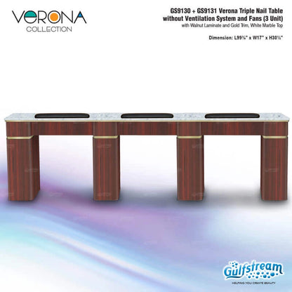 Verona triple nail table with white marble top and gold trim, featuring Gulfstream branding.