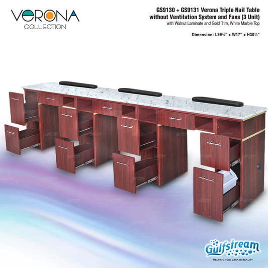 Gulfstream Verona Triple Nail Table with wooden finish and white marble top on a gradient background.