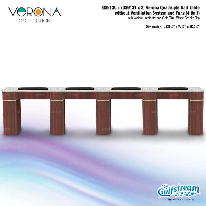 Verona Quadruple Nail Table with dimensions and specifications on a white background
