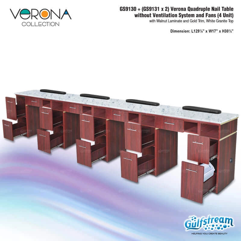 Gulfstream Verona Quadruple Nail Table with dimensions and specifications on a white background
