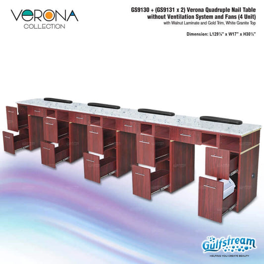 Gulfstream Verona Quadruple Nail Table with dimensions and specifications on a white background