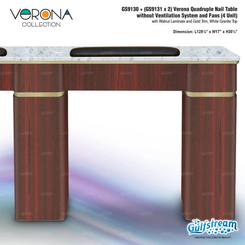 Gulfstream Verona Collection nail table with wooden finish and white marble top on a gradient background.