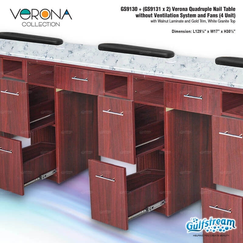 Wooden kitchen island with drawers and cabinets, featuring Gulfstream branding.