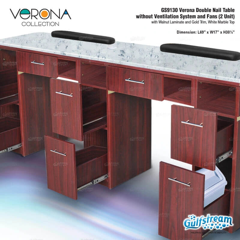 Gulfstream Verona Collection nail table with marble top and open drawers on a white background