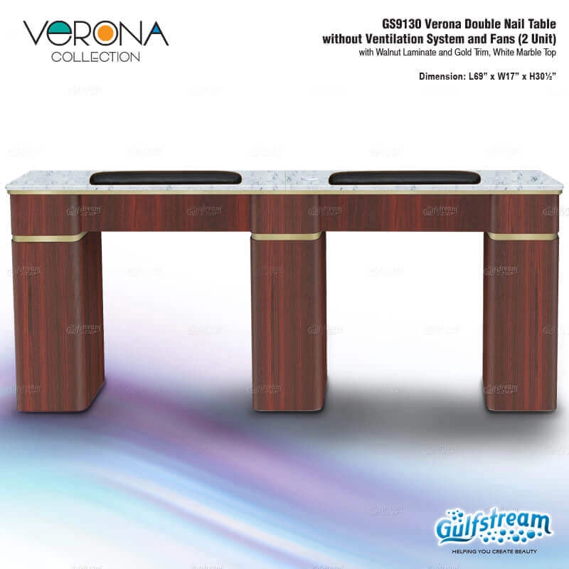 Gulfstream Verona Collection GS9130 Double Nail Table with marble top and gold trim on a white background.