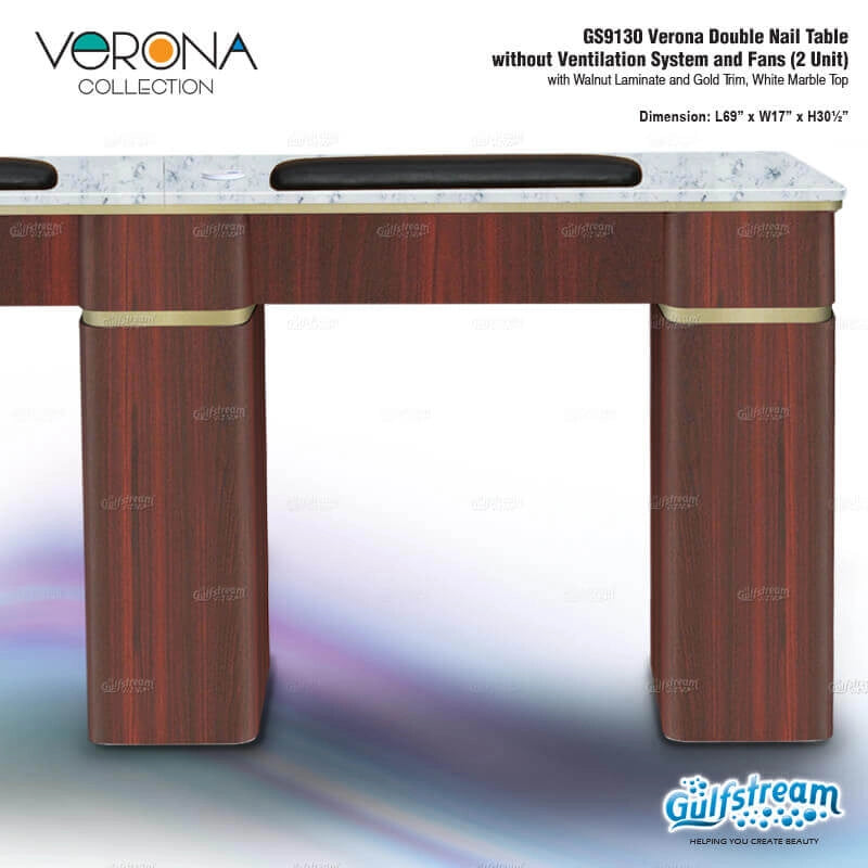Gulfstream Verona Collection GS9130 Double Nail Table with Walnut Laminate and Gold Trim on a white background