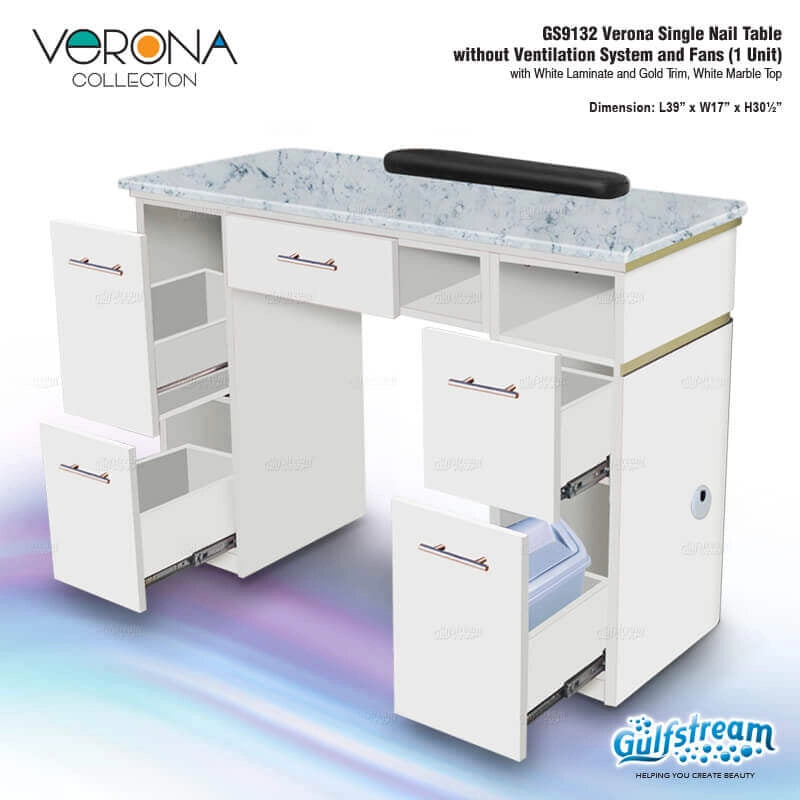 Gulfstream Verona single nail table with marble top and white laminate, featuring dimensions and product name.