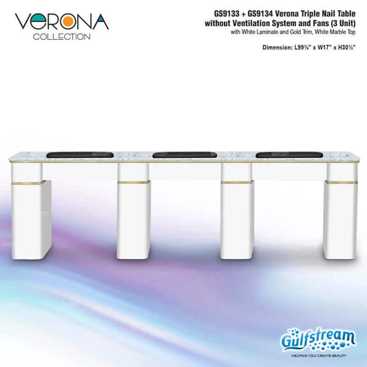 Gulfstream Verona triple nail table with white marble top and gold trim on a white background