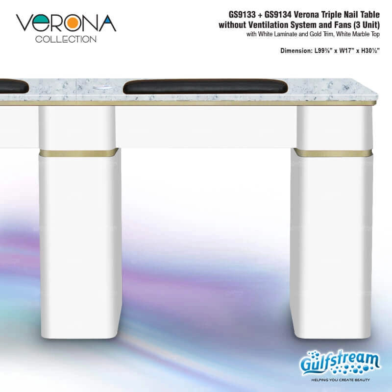 Verona triple nail table with white marble top and gold trim, featuring Gulfstream branding.