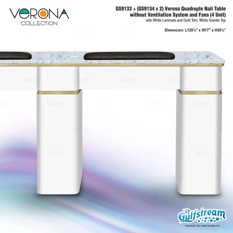 Nail table with white laminate and gold trim, featuring the Verona Collection branding.