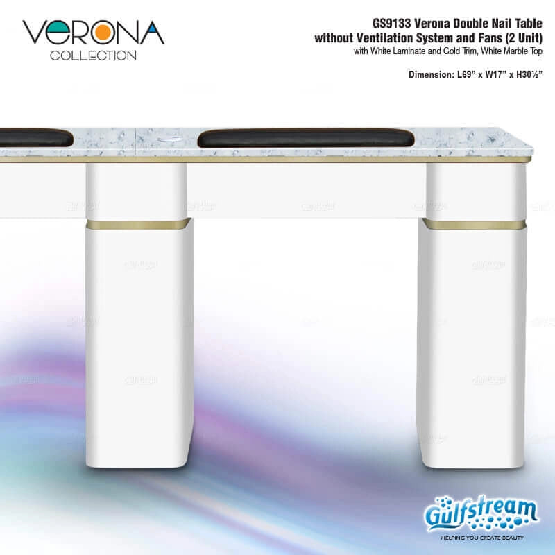 Gulfstream Verona Double Nail Table with white marble top and gold trim on a white background