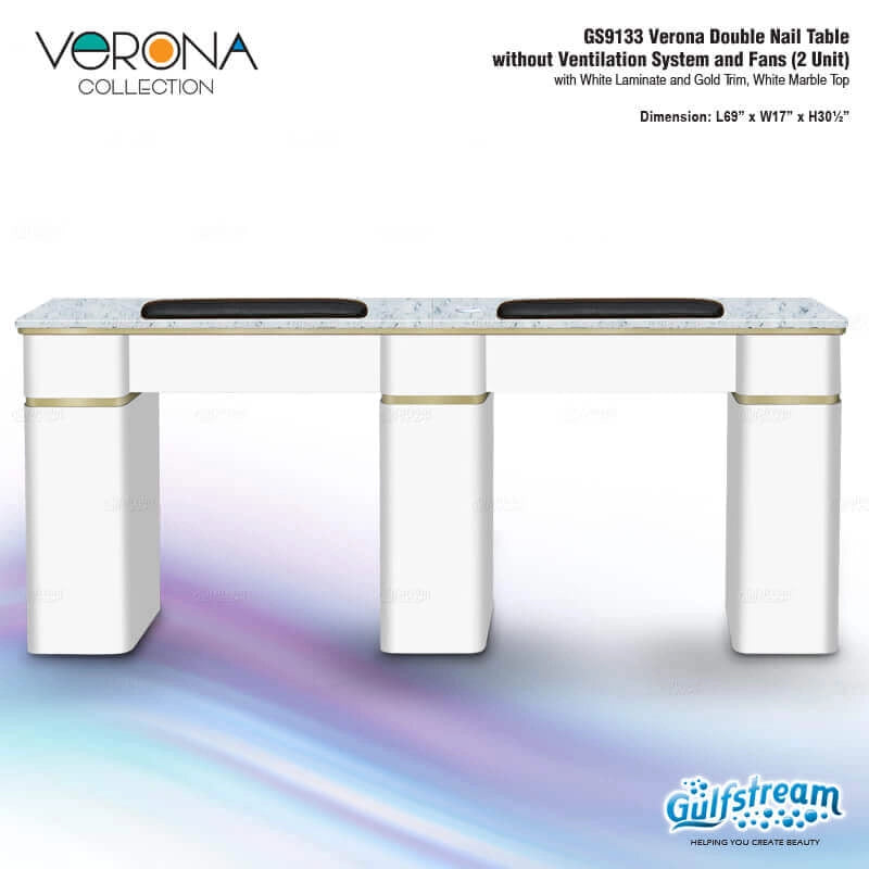 Gulfstream Verona Collection double nail table with white marble top and gold trim on a white background.
