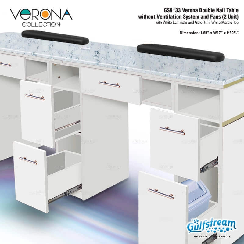 White nail table with marble top and open drawers, featuring the Verona Collection branding.