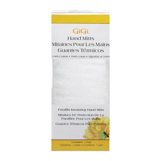 GiGi Paraffin Insulating Hand Mitts hand mitts packaging box, featuring a white and yellow design with a photo of a white mitt on the front.