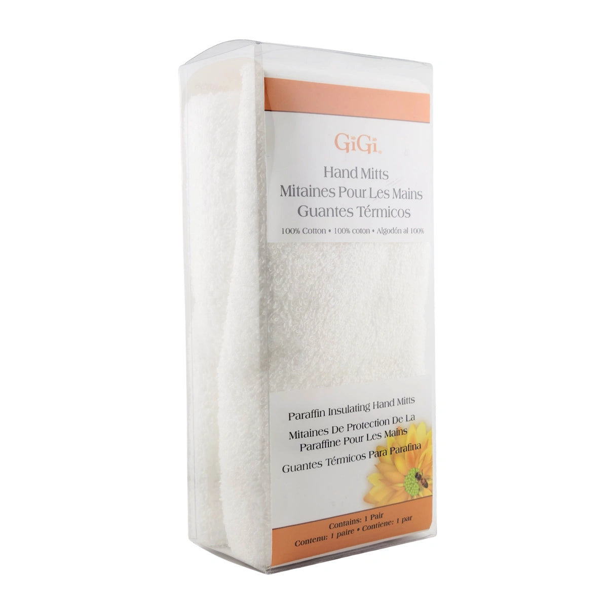 A package of Gigi Paraffin Insulating Hand Mitts, showing a white cotton mitt inside a clear plastic sleeve with a white paper label featuring orange accents.
